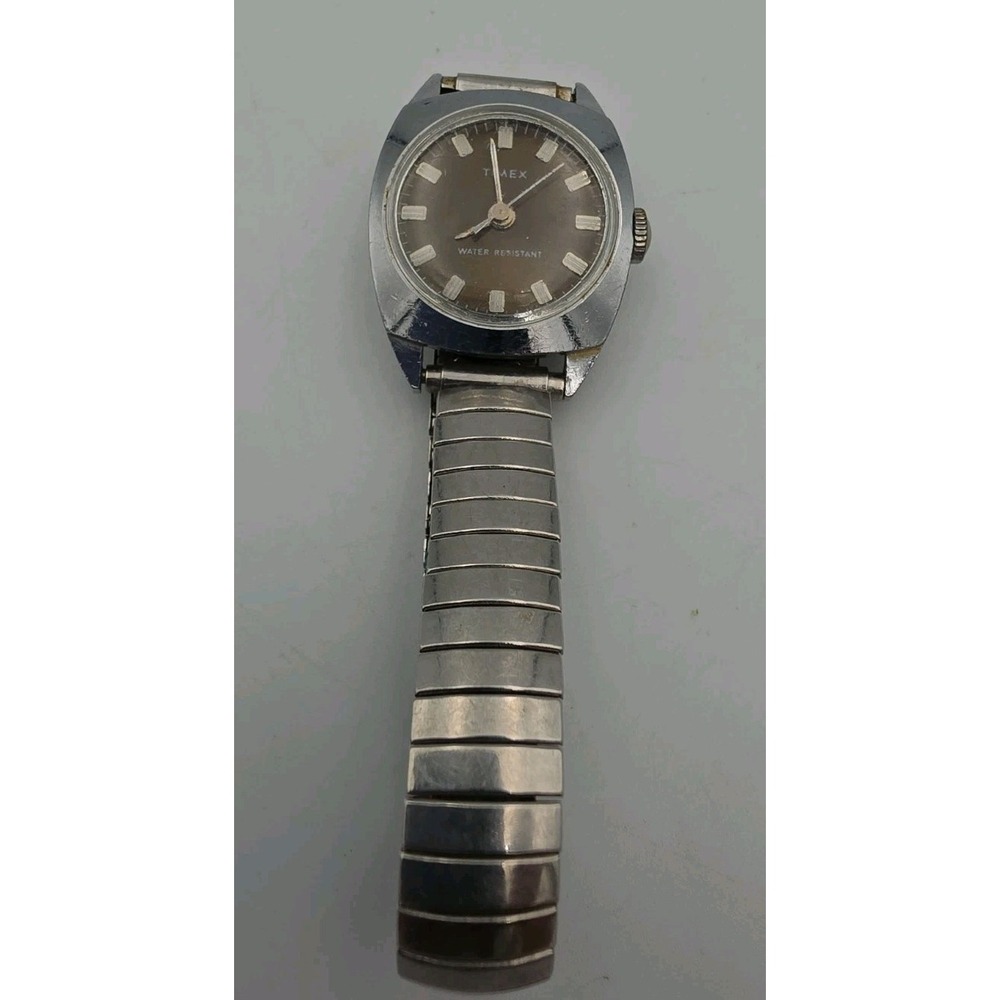 Vintage Timex 17 Jewels Ladies Watch Mechanical Windup Silver Tone Black Working